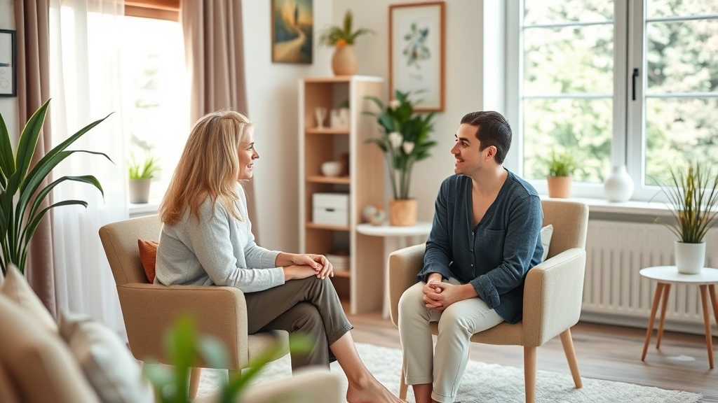 Peaceful scene of a therapy session with a counselor and patient in a comfortable, welcoming office with natural light and calming décor