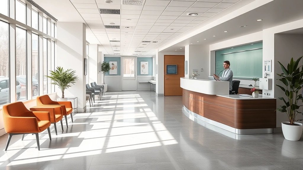 Modern hospital reception area with comfortable seating, natural lighting, and a welcoming check-in desk with professional staff assisting patients