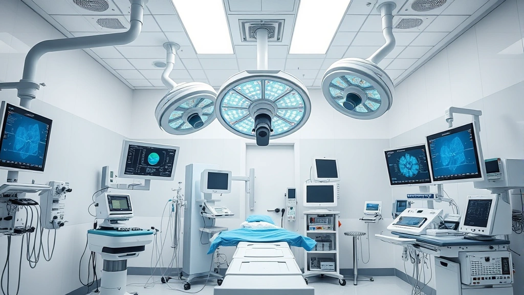 Advanced medical technology in a bright hospital operating room, showing surgical equipment, monitors, and sterile environment without any visible text or people