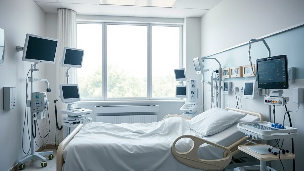 Hospital patient room with comfortable bed, medical monitoring equipment, natural window view, and calming neutral color scheme creating a healing environment