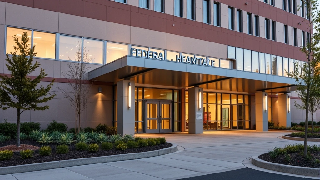 Modern federal healthcare facility exterior with contemporary architecture, medical building entrance, glass windows, professional landscaping, daytime lighting