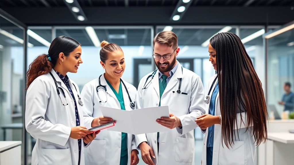 Healthcare professionals in white coats collaborating in modern clinical setting, reviewing patient information, diverse medical team, contemporary medical office environment