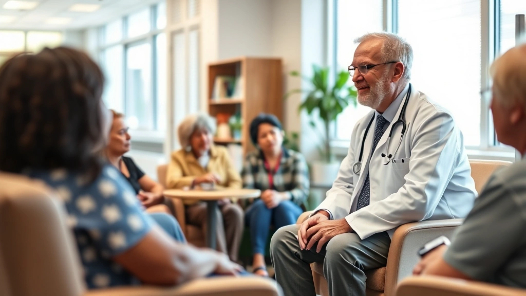 Veterans receiving medical consultation in comfortable clinical setting, compassionate healthcare provider interaction, diverse patient population, modern medical office with natural light