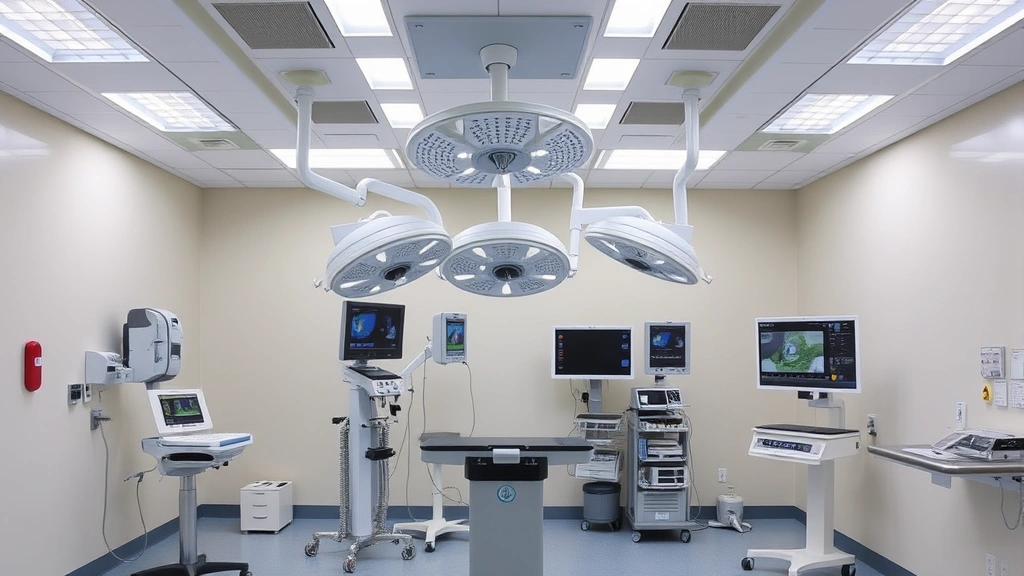 State-of-the-art surgical suite with advanced medical technology, operating room lighting, sophisticated monitoring equipment, clean sterile environment, professional medical setting