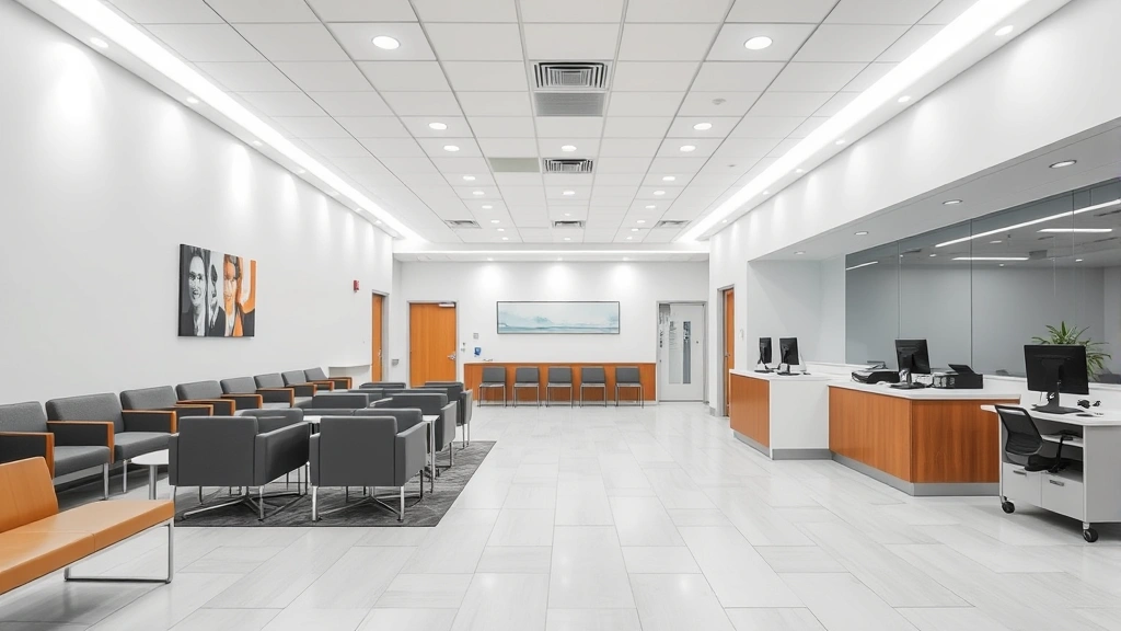 Modern urgent care clinic interior with clean white walls, bright LED lighting, comfortable waiting area seating, and a check-in desk with computer workstations