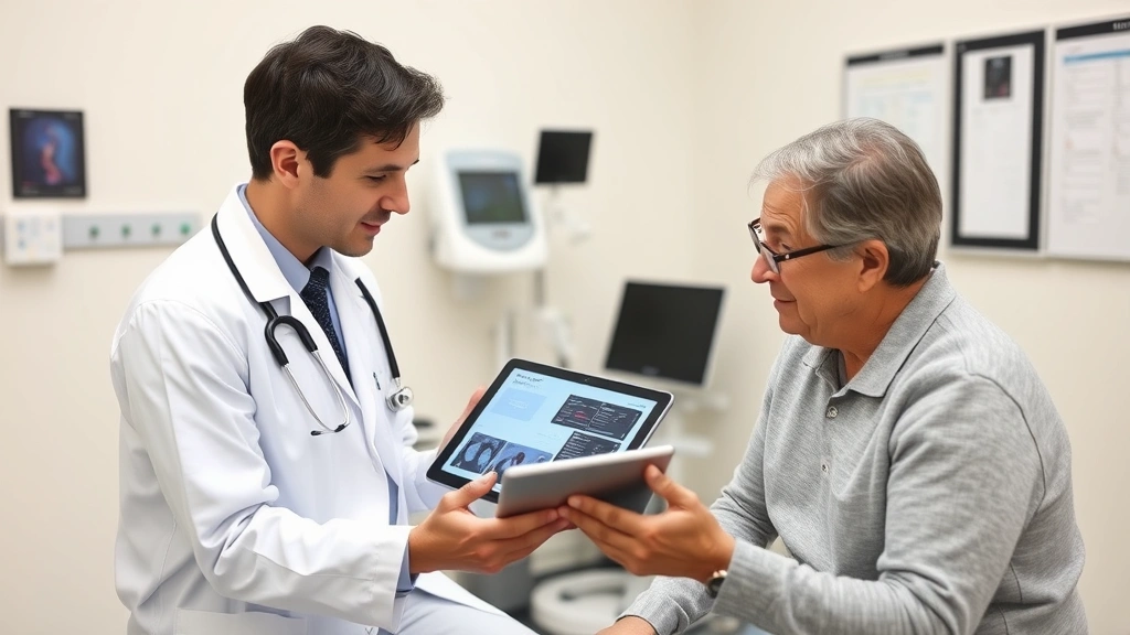 Healthcare provider in white coat consulting with patient in clinical examination room, both looking at tablet device showing medical records and test results