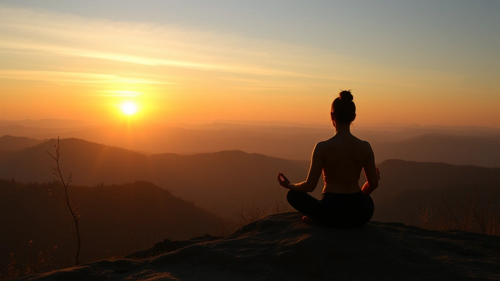 Serene sunrise over mountains with peaceful morning scene, meditation pose, warm golden light, calm atmosphere, wellness