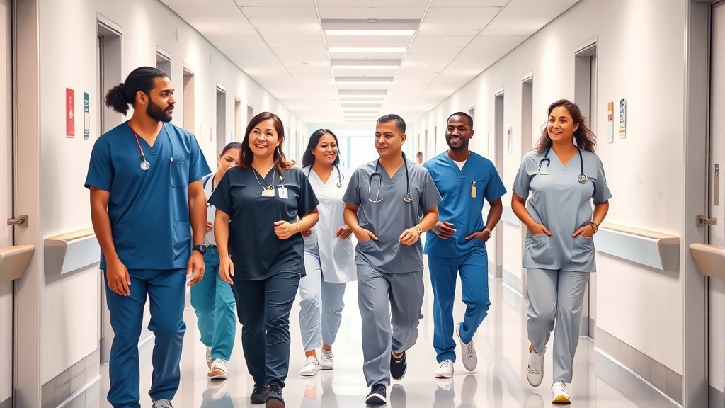 Diverse medical team wearing scrubs walking through a bright hospital corridor with contemporary design, engaged in conversation, professional atmosphere