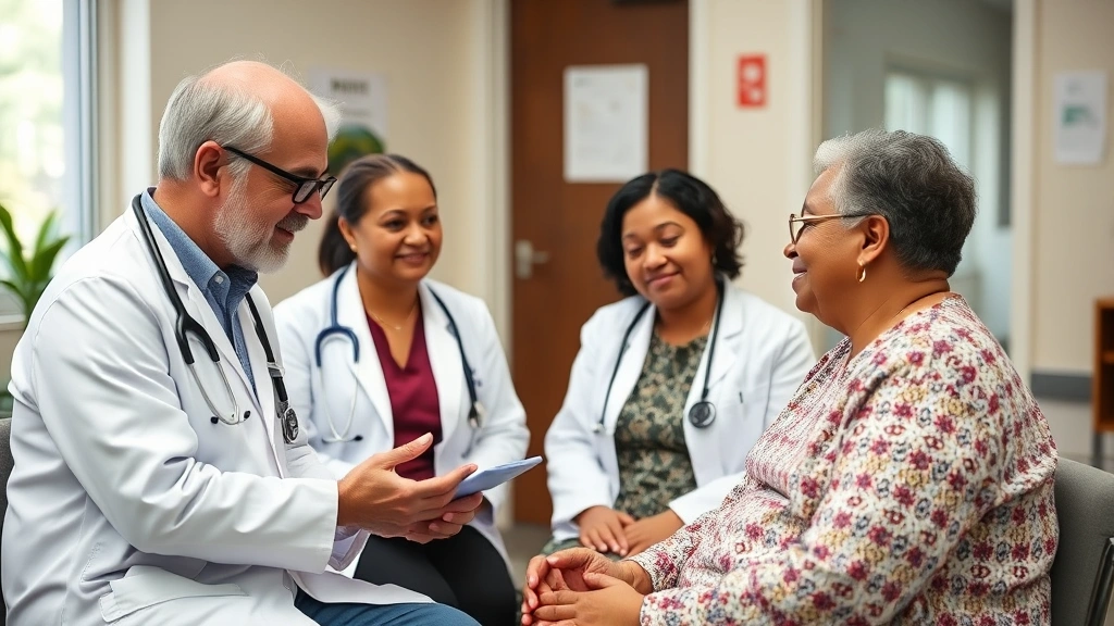 Medical team conducting patient consultation in community health center, compassionate care moment, diverse practitioners and patient
