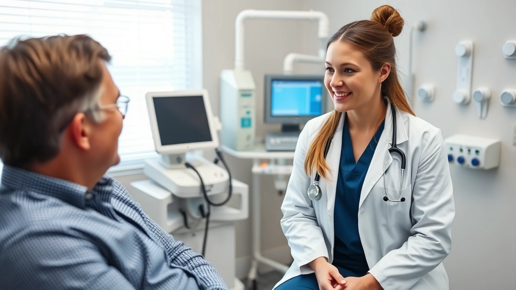 Female nurse practitioner in white coat consulting with male patient in examination room, showing empathy and active listening, modern medical equipment visible