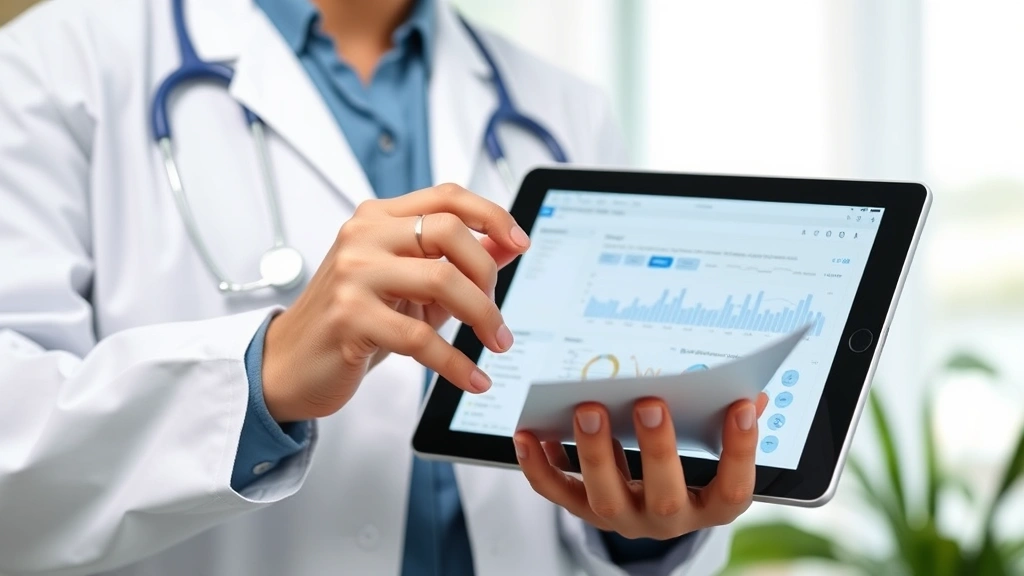 Healthcare professional using tablet with digital interface showing patient care coordination and mental health data visualization on screen