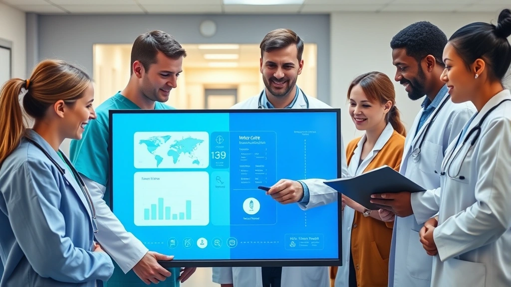 Diverse group of healthcare workers in clinical setting collaborating around digital display showing integrated care management system