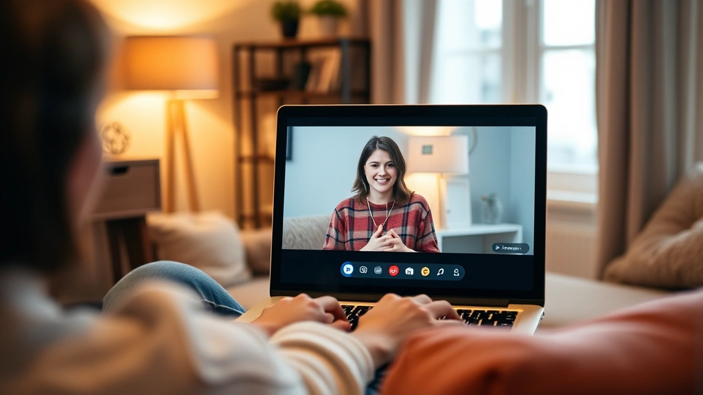 Person in therapy session via video call on laptop, comfortable home environment, warm lighting suggesting accessible mental health support