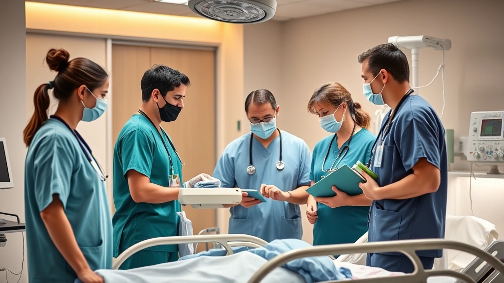 Healthcare professionals in modern hospital setting wearing scrubs, collaborating around patient care equipment, warm lighting emphasizing teamwork and compassion