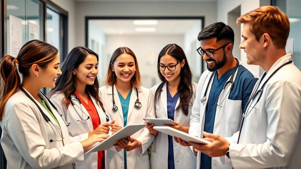 Diverse medical team in clinical environment with stethoscopes and tablets, engaged in patient consultation, professional and welcoming atmosphere
