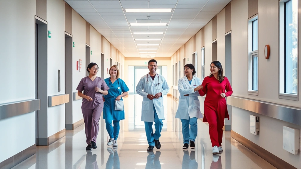 Hospital corridor with staff walking together, modern healthcare facility design, natural lighting through windows, sense of purpose and community