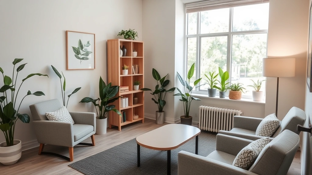 A calm, welcoming therapy office with comfortable seating, soft lighting, and neutral tones. Plants and natural elements visible through windows. No people or text visible.