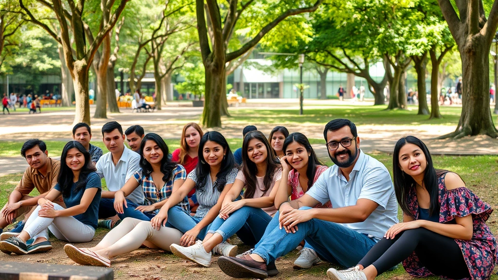 A diverse group of people in a peaceful park setting, sitting together naturally, expressing calm and connection. Trees, open space, and natural daylight. No people making direct contact with camera.