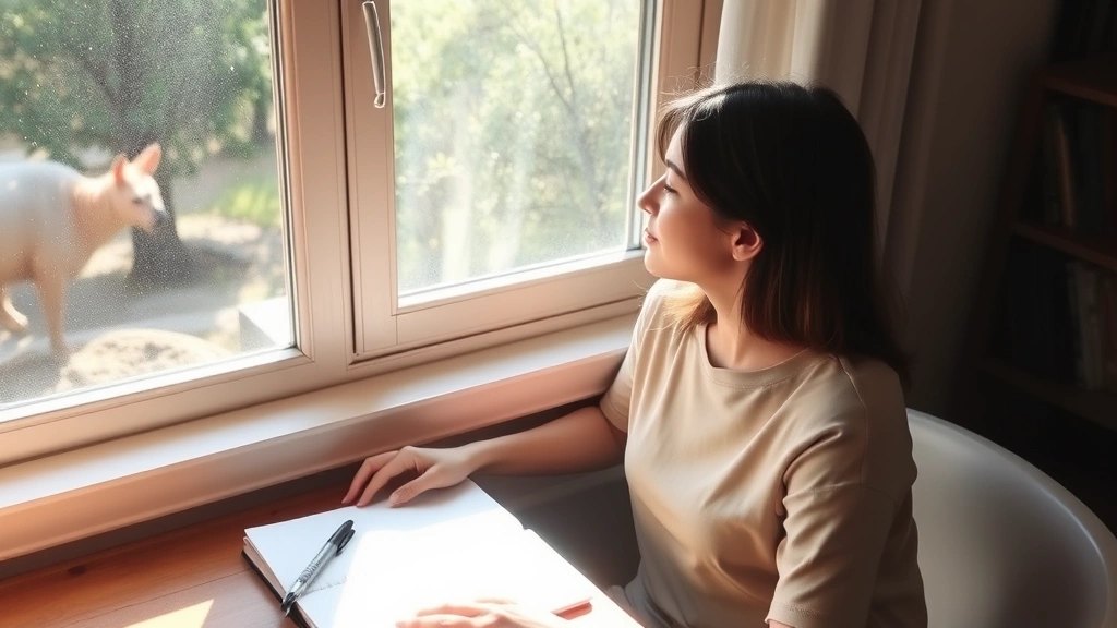 A person sitting peacefully at a desk with a journal and pen, looking out a window at nature. Morning sunlight streaming in. Focused, contemplative expression. No visible text or writing.