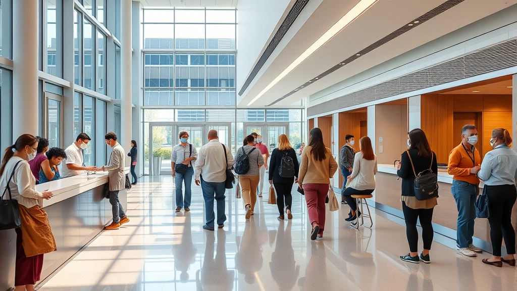 Modern hospital lobby with diverse patients checking in, natural lighting, contemporary architecture, welcoming atmosphere, no signage or text visible