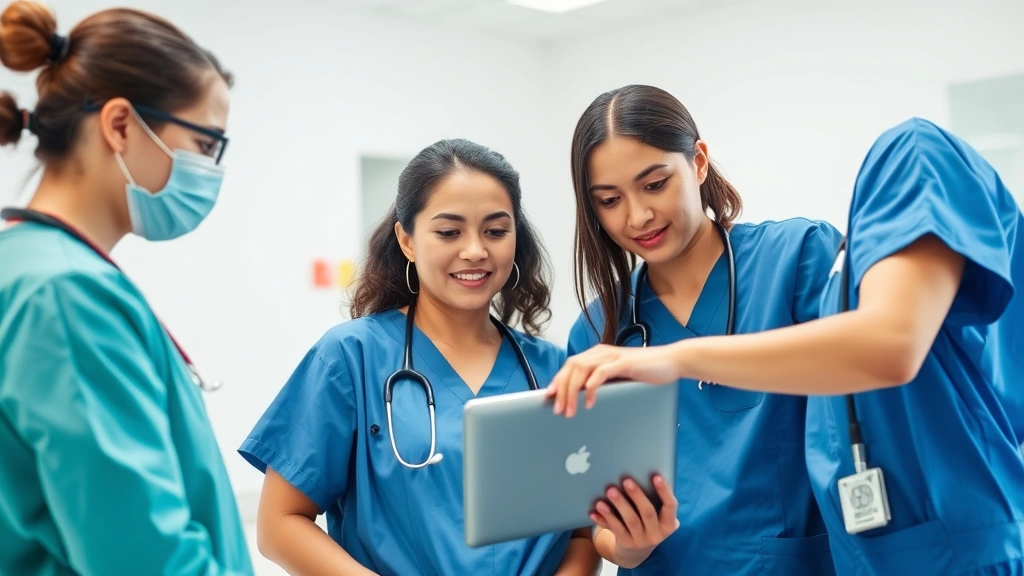 Healthcare team of doctors and nurses in scrubs collaborating around a digital tablet in a bright clinical setting, focused and professional expressions