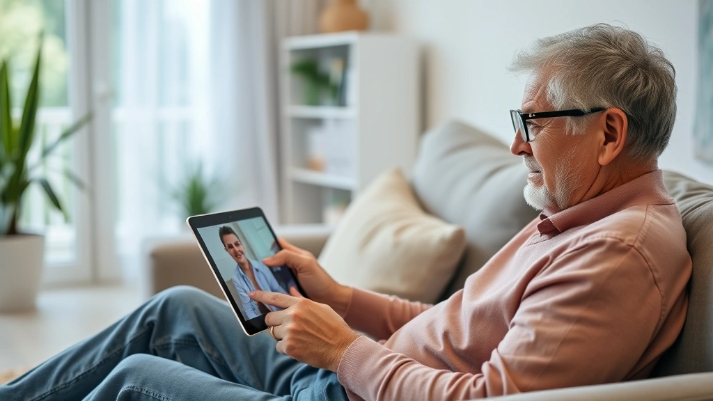 Patient receiving telehealth consultation on tablet at home, comfortable living room setting, peaceful expression, modern technology visible but not dominant