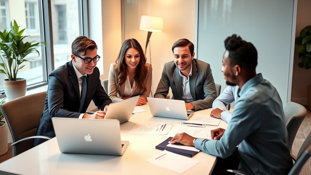 Professional diverse team of mental health clinicians in modern office setting collaborating around table with laptops and documents, warm lighting, focused expressions