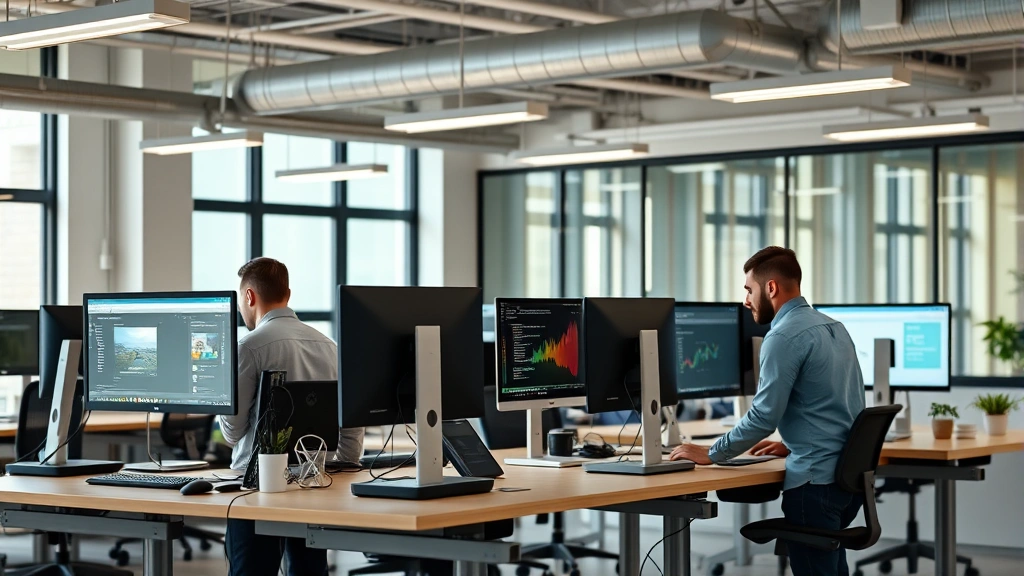 Software engineers and product managers working together at standing desks with multiple monitors in contemporary tech office space, collaborative energy, natural daylight