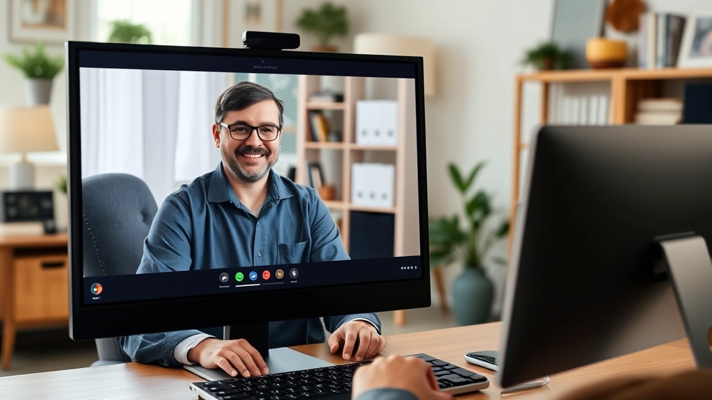 Mental health professional in telehealth session on computer with organized home office background, professional setup, calm therapeutic environment