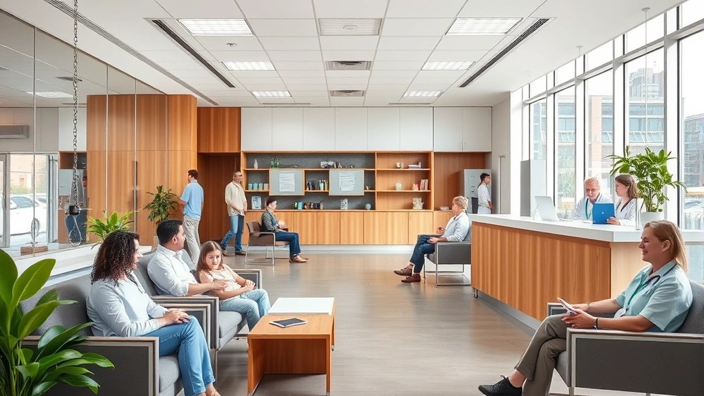 Modern healthcare clinic interior with diverse patients in comfortable waiting area, natural lighting from large windows, welcoming reception desk with friendly staff, contemporary medical facility design