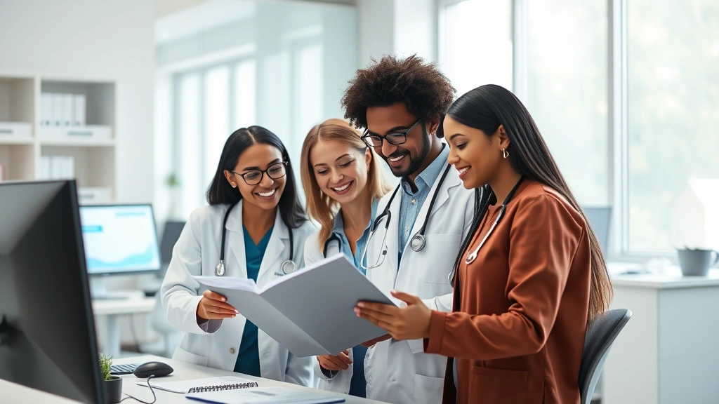 Healthcare providers of various ethnicities collaborating in bright medical office, reviewing patient charts together, smiling and engaged in teamwork, modern clinical environment with computer screens