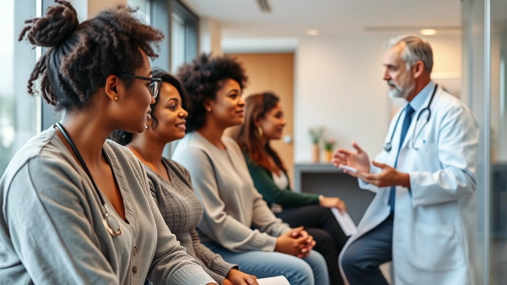 Diverse patients receiving care in contemporary medical setting, physician listening attentively to patient during consultation, warm and supportive clinical atmosphere, professional healthcare environment