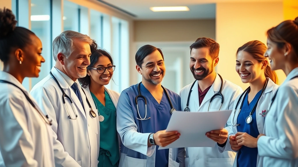 Diverse healthcare team of doctors and nurses in modern clinic setting, smiling and collaborating around patient chart, warm natural lighting, professional atmosphere