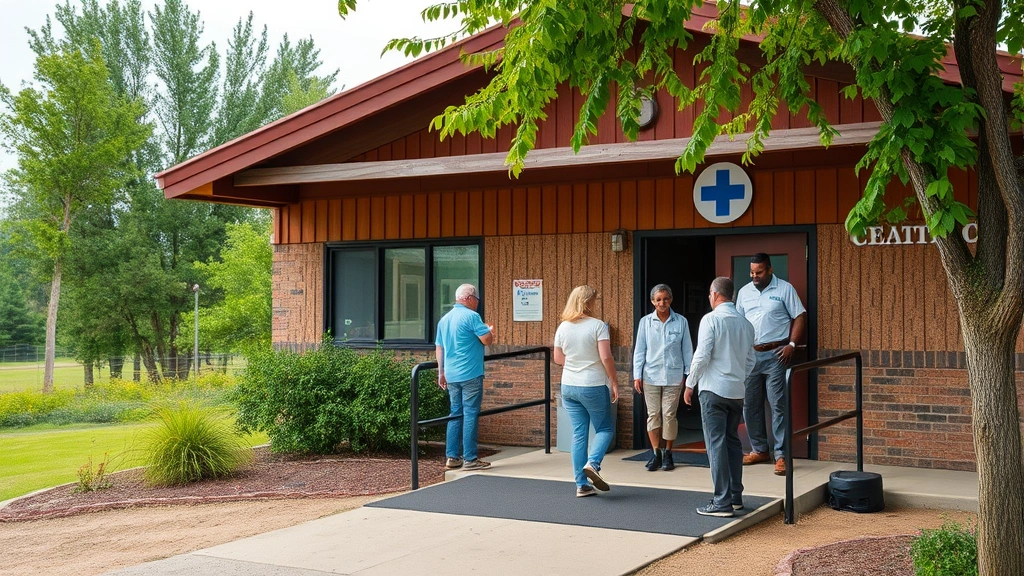 Rural community health clinic exterior with patients entering, green trees and natural landscape background, welcoming entrance with accessible ramp