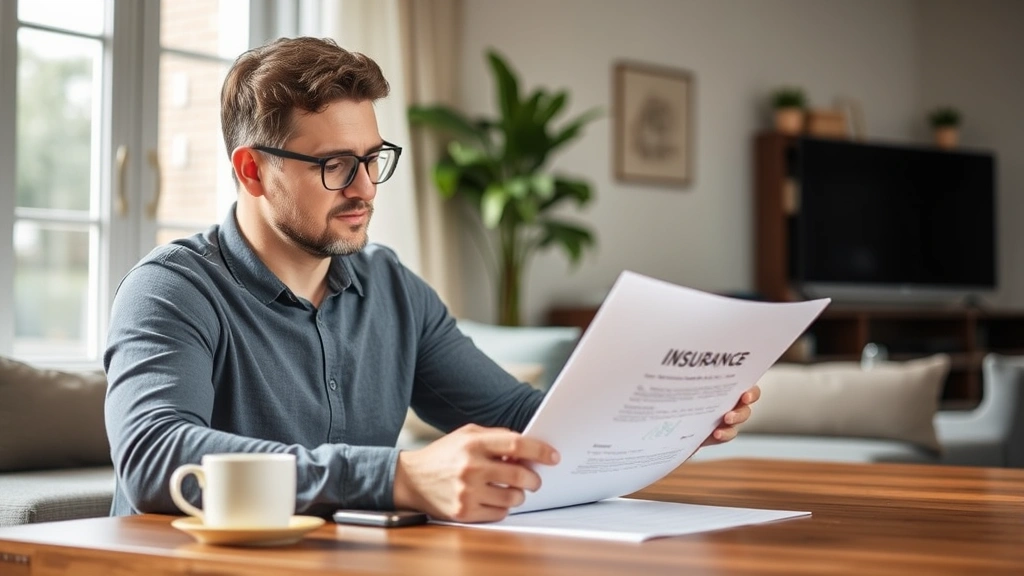 Person reviewing insurance documents at home with laptop, coffee cup on desk, natural daylight, focused expression, modern living room setting