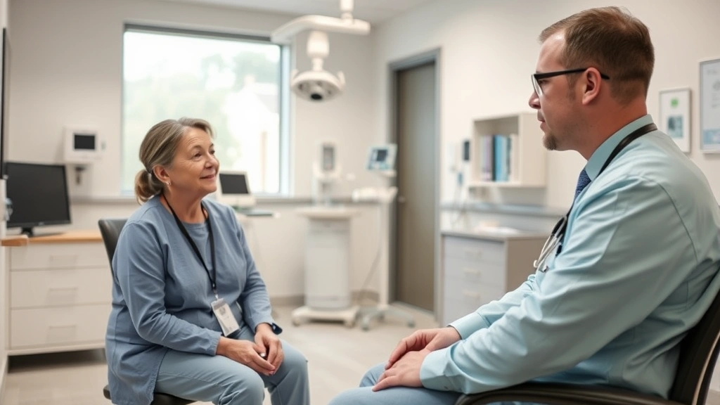 Healthcare provider and patient having consultation in bright, welcoming clinic office with contemporary medical equipment visible in background
