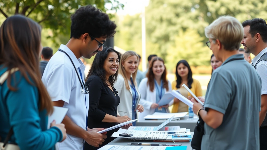 Diverse group of people at community health fair or wellness event, examining health information booths, smiling, outdoor setting with medical professionals