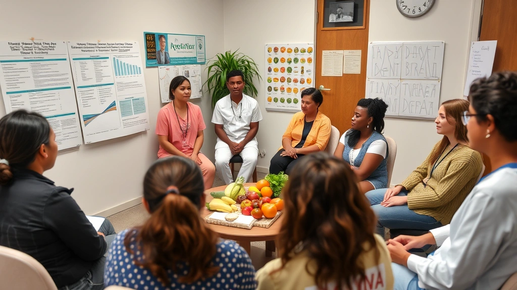 Community health workers and patients in a group wellness education session with charts, healthy food displays, and engaged participants