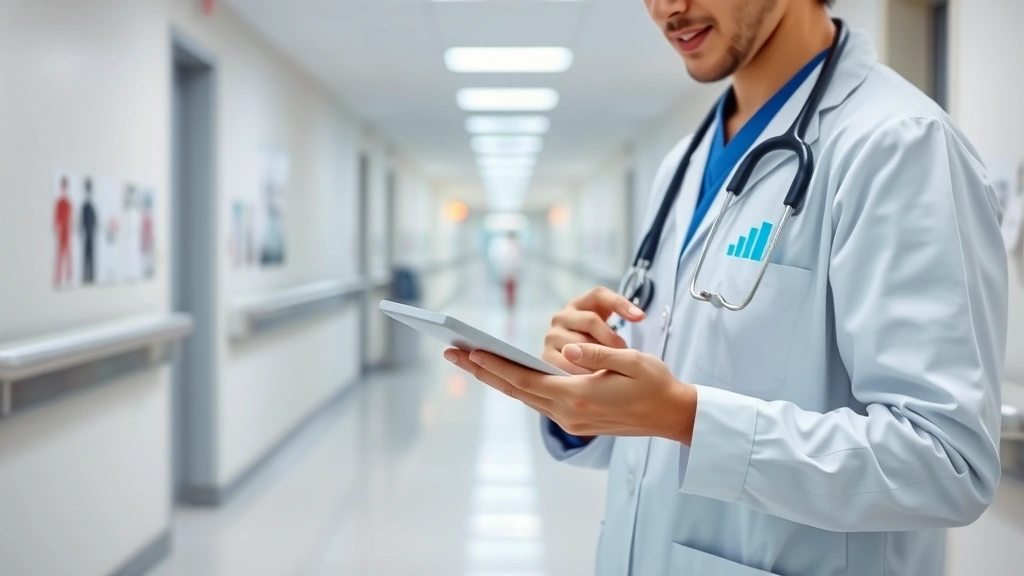 Modern healthcare professional using tablet in hospital corridor with blurred background, digital interface elements subtly visible on screen