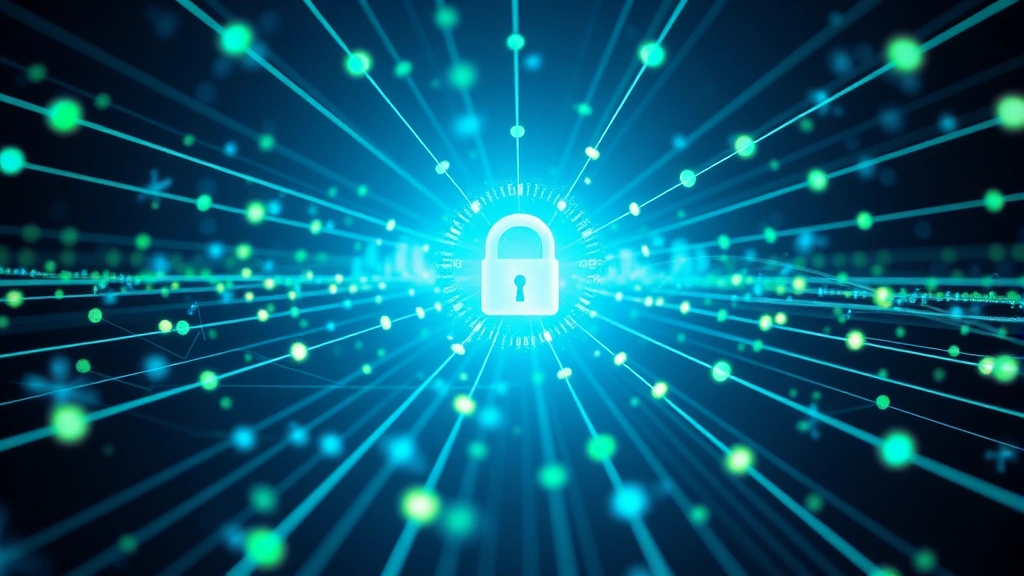 Digital network security visualization with interconnected nodes and data streams flowing through secure pathways, abstract technology infrastructure, blue and green color scheme