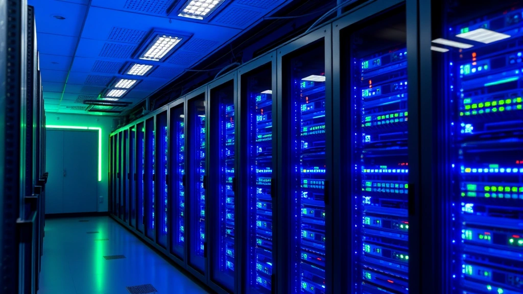 Secure data center with server racks illuminated by blue and green lights, showing network infrastructure and security systems