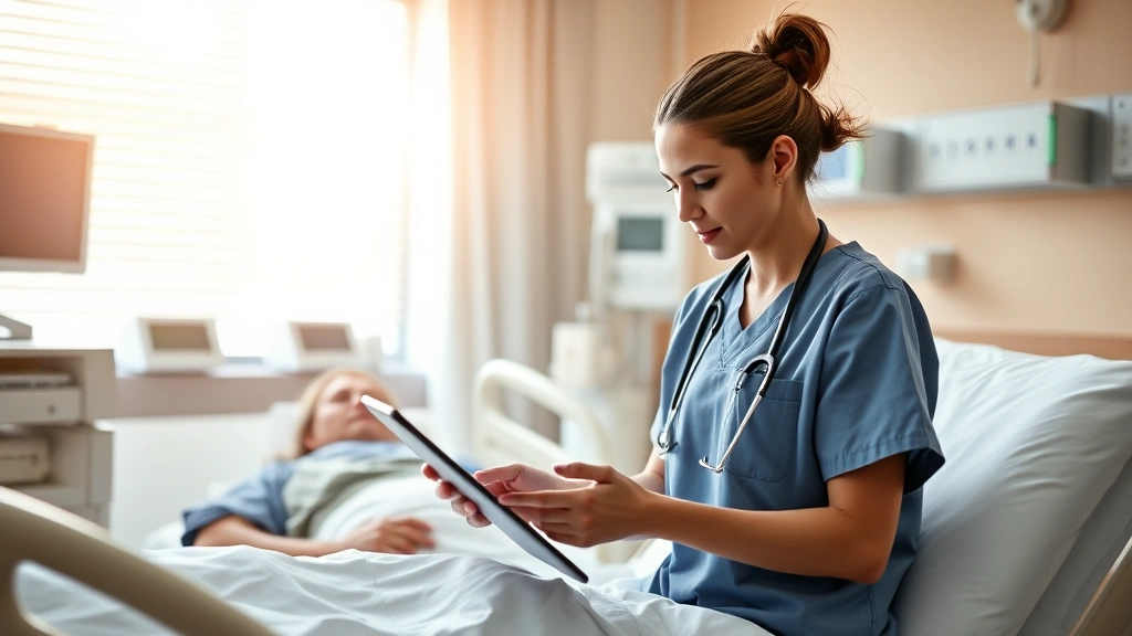 Healthcare professional wearing scrubs using a tablet at a patient bedside, modern hospital room with medical equipment, warm natural lighting, focused clinical interaction