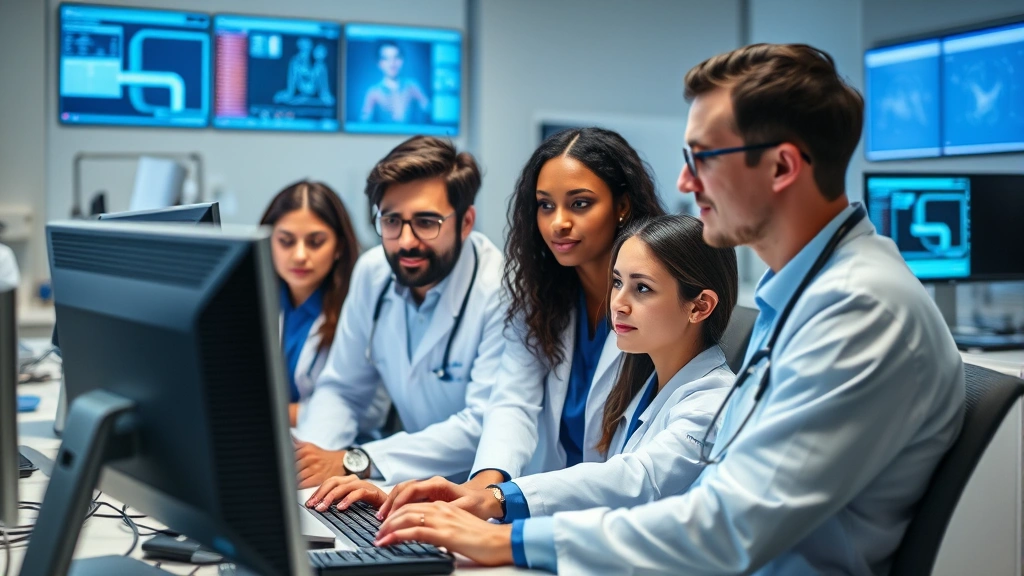 Diverse medical team collaborating around computer workstation in clinical setting, reviewing patient information with focused concentration