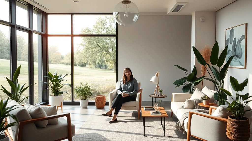 Serene professional sitting in modern therapy office with soft natural lighting, comfortable furniture, plants, and large windows overlooking peaceful landscape