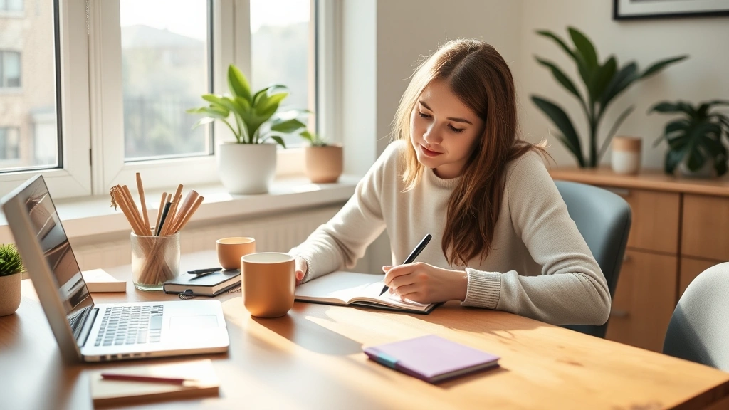 Person journaling at desk with coffee cup, laptop, and wellness items visible, natural morning light streaming through window, peaceful focused atmosphere