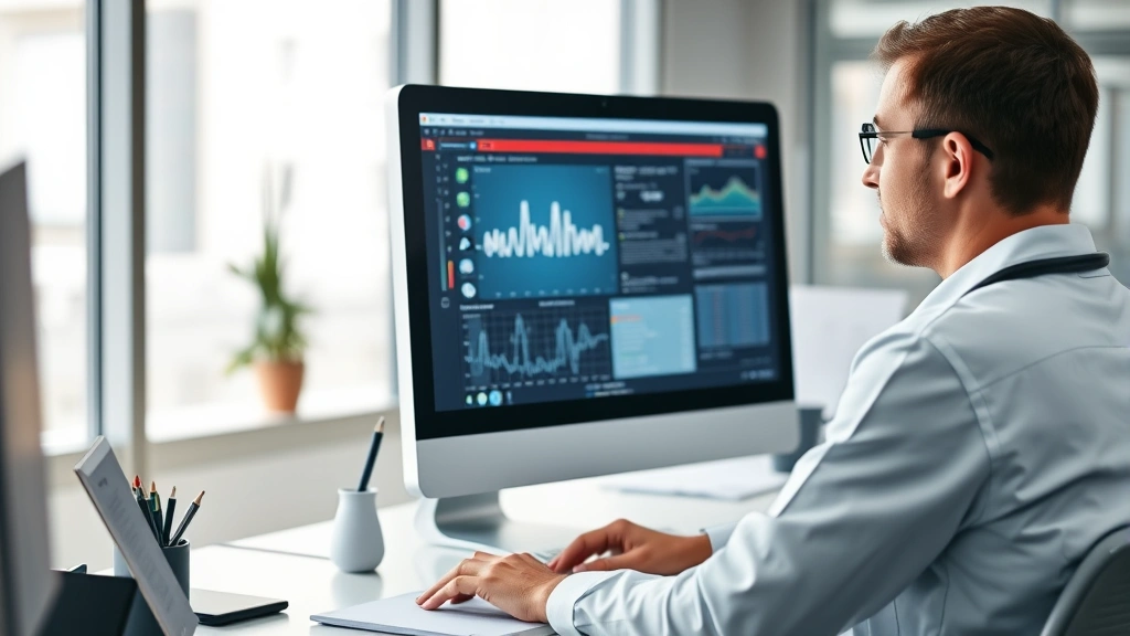 Healthcare professional using a computer displaying medical data interface, modern clinic office background, soft professional lighting, focused expression, clean desk with minimal items