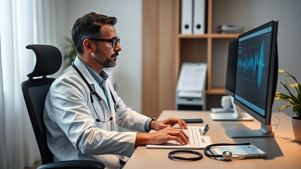 Healthcare provider sitting at desk using computer with medical charts and stethoscope nearby, professional medical office setting with soft lighting