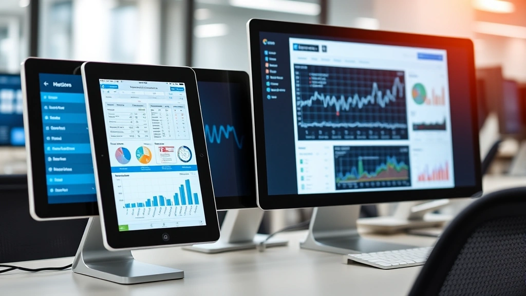 Digital health records displayed on tablet and desktop screens side by side, abstract medical charts and graphs visible, healthcare office environment, professional workspace setup