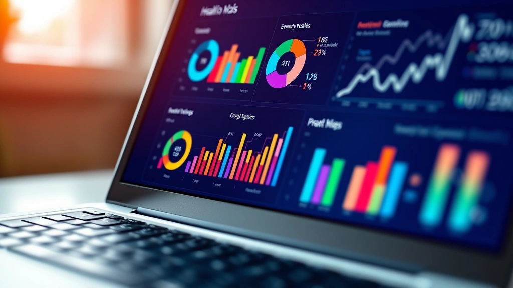 Close-up of laptop screen displaying colorful dashboard with charts, graphs, and data visualization elements representing healthcare analytics and metrics