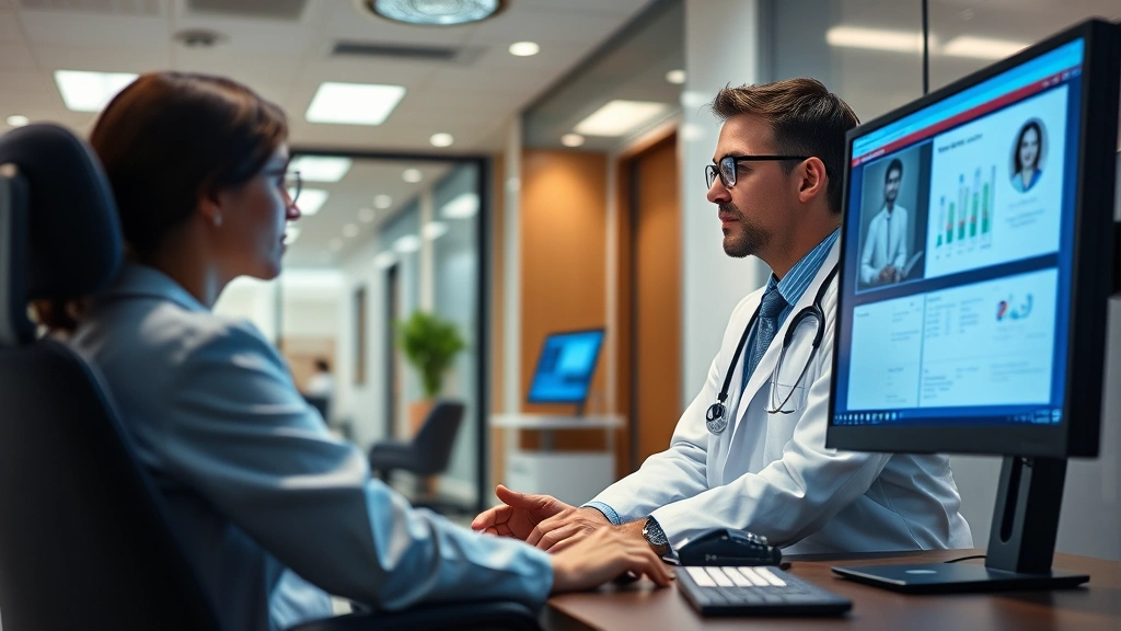 Provider reviewing patient information on computer screen in clinical setting, modern healthcare facility interior, professional medical atmosphere, focused work posture, contemporary office design